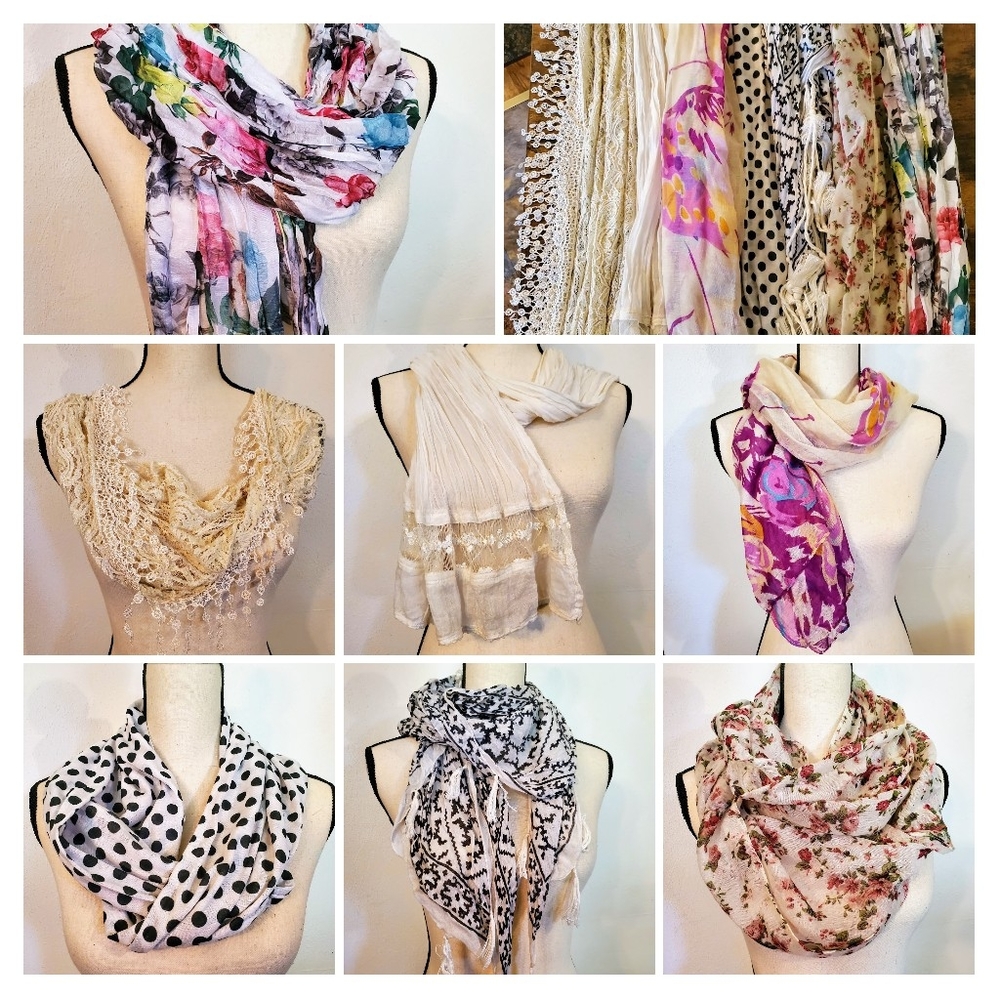 SET OF cream and white ASSORTED fashion scarves floral polka dot fringe …
